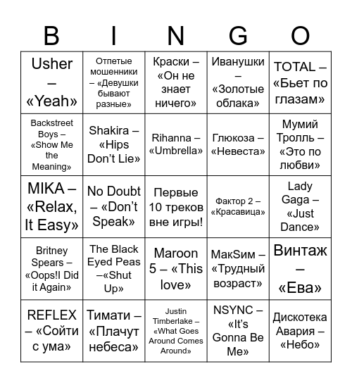 Музыкальное бинго Bingo Card