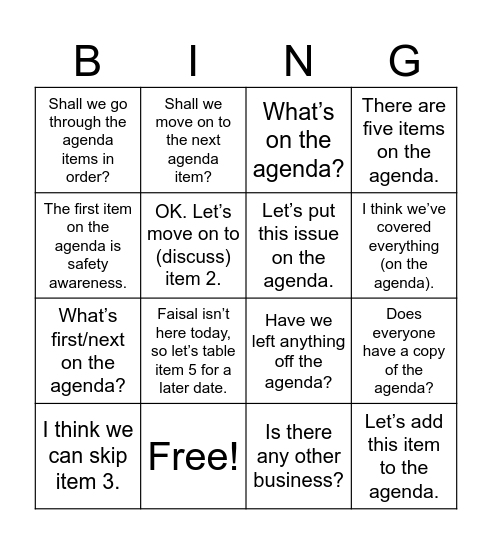 agenda Bingo Card