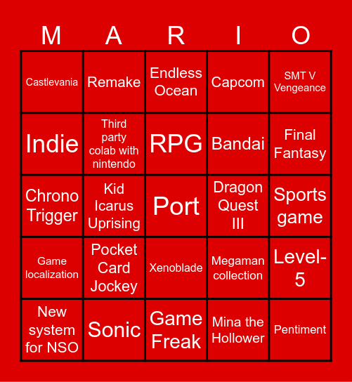 Nintendo Direct 2.21.24 Bingo Card