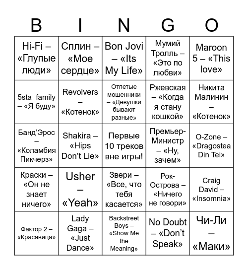 Музыкальное бинго! Bingo Card