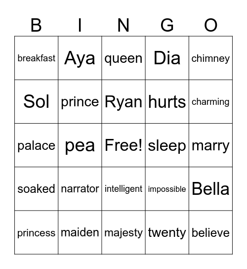 Princess and the Pea Bingo Card