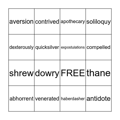 Shakespeare Vocabulary Bingo Card