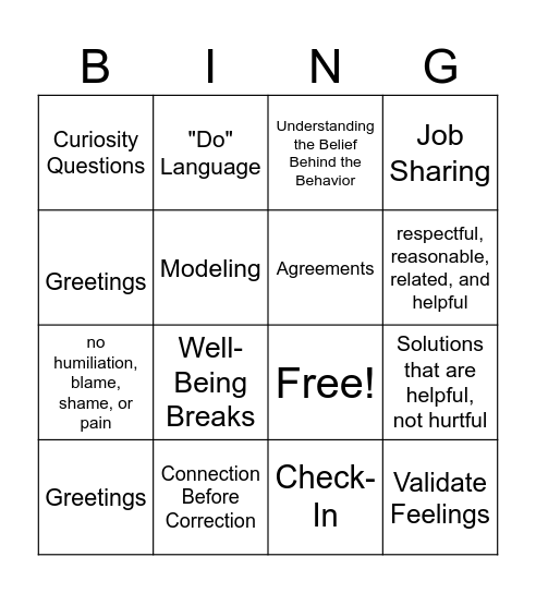 Positive Discipline Bingo Card