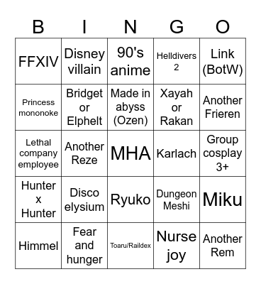 Cosplay bingo Card