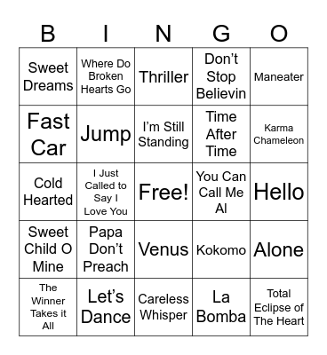 80s Music Bingo Card
