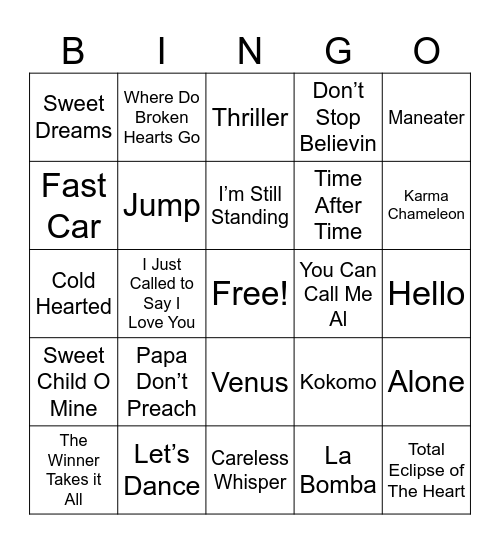 80s Music Bingo Card