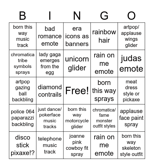 lady gaga fornite predictions Bingo Card