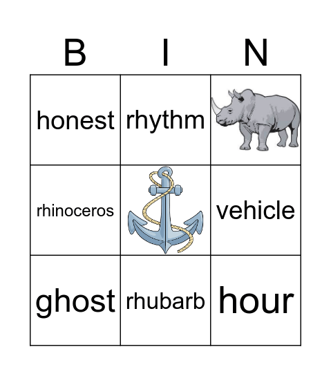 Silent h Bingo Card