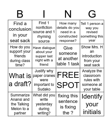 SBAC Vocabulary Bingo Card