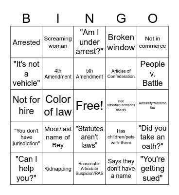 Sovereign Citizen Traffic Stop (United States) Bingo Card