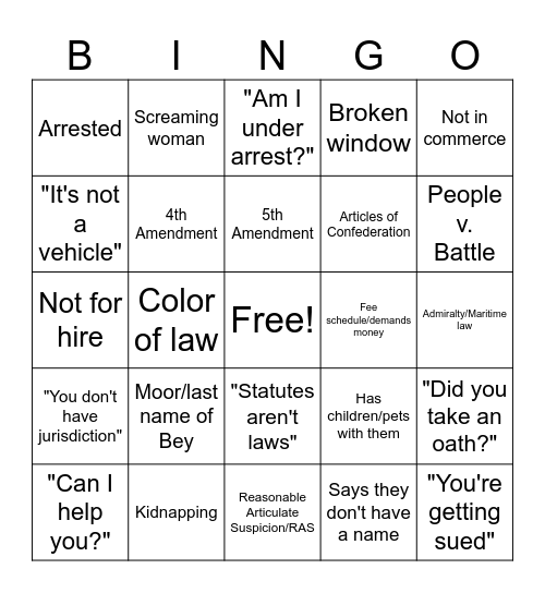 Sovereign Citizen Traffic Stop (United States) Bingo Card