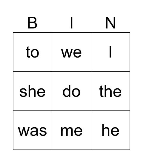 Tricky Words Bingo Card