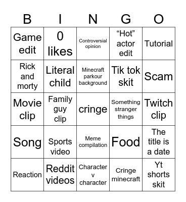 YouTube shorts Bingo Card