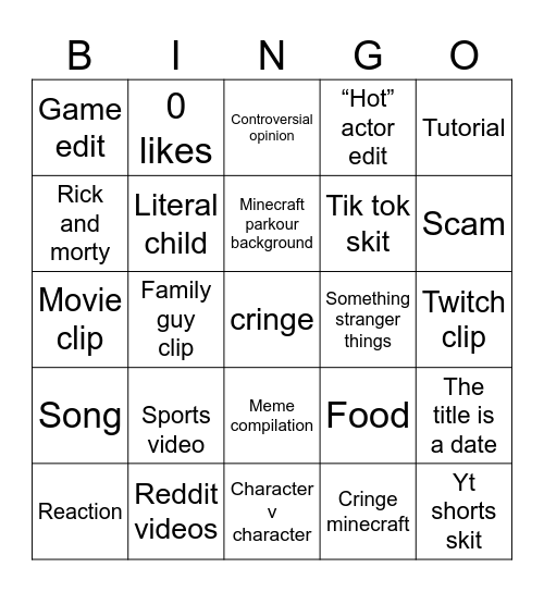 YouTube shorts Bingo Card