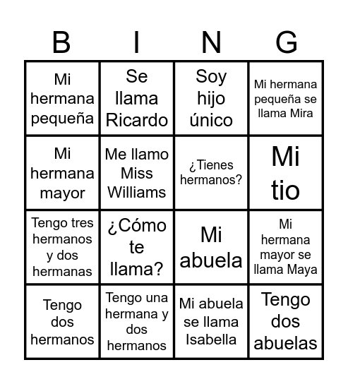 Miss Williams Mi Familia 2024 Bingo Card
