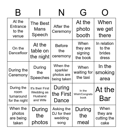 Gingell Wedding being mentioned Bingo Card