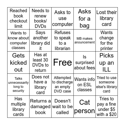 Library Patron Bingo Card