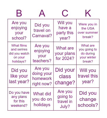 Back to school bingo Card