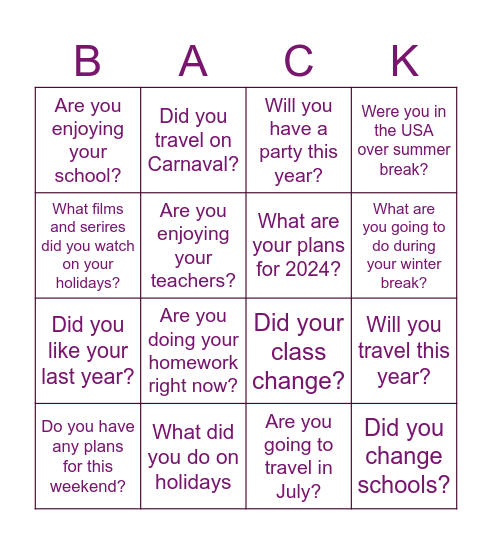 Back to school bingo Card