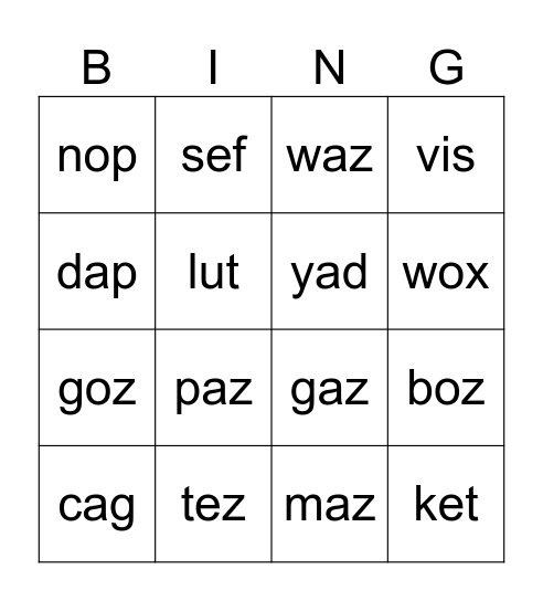 Nonsense words BINGO Card