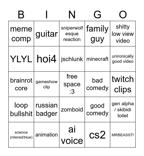 SHORTS!!!!!!!!!! Bingo Card