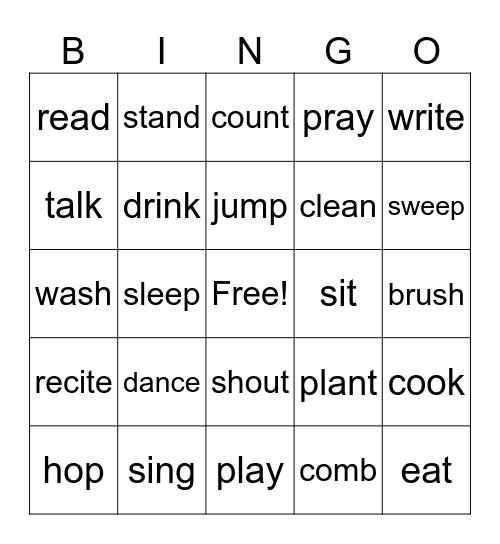 Action Words Bingo Card