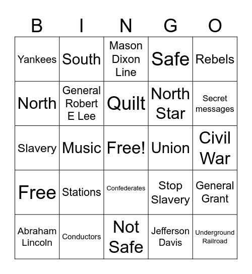 Slavery/Civil War Bingo Card