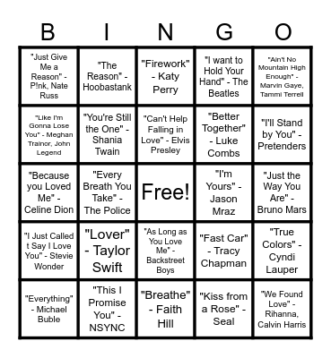 Love Song Bingo Card