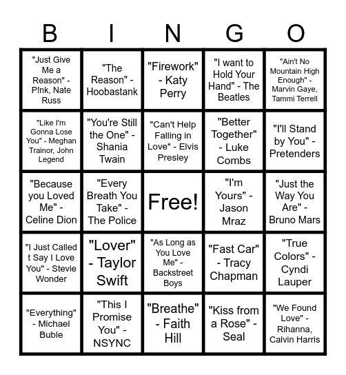 Love Song Bingo Card