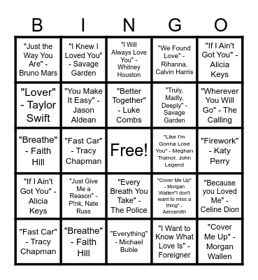 Love Song Bingo Card