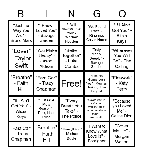 Love Song Bingo Card