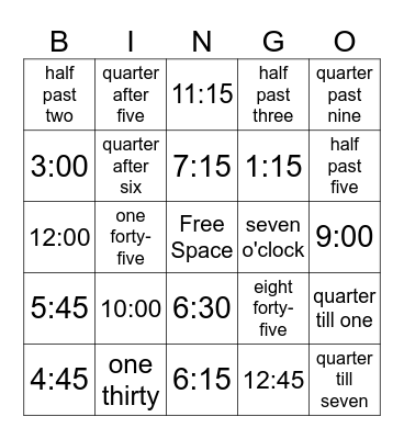 Telling Time Bingo Card