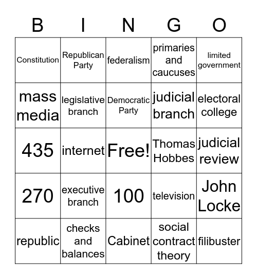 Civics Review Bingo Card
