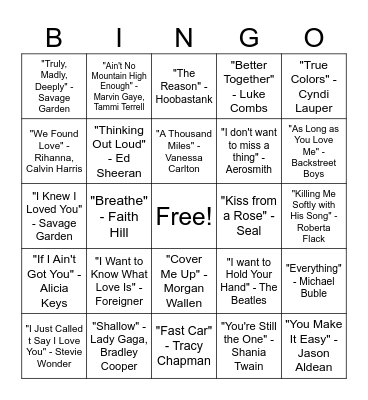 Love Song Bingo Card