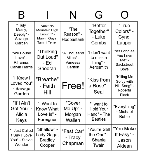 Love Song Bingo Card