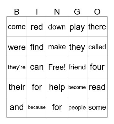 Sight Words Bingo Card
