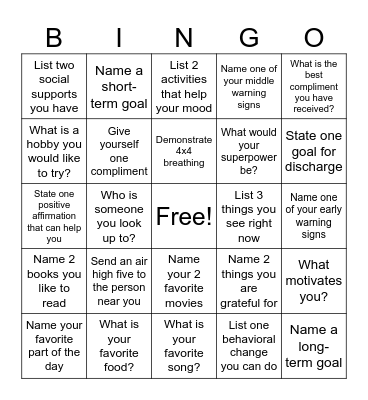 Mental Health Bingo Card