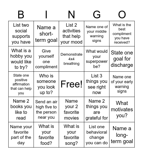 Mental Health Bingo Card