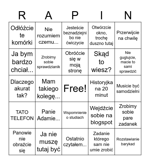 Rapingo Bingo Card