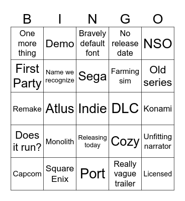 Nintendo Direct Bingo Card