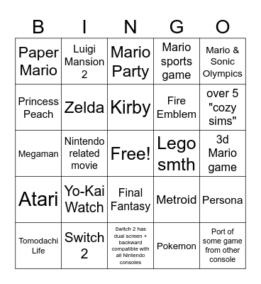 Nintendo Direct Bingo Card