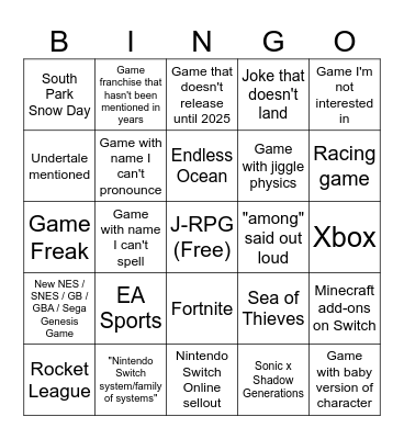 Nintendo Direct 2/21/24 Bingo Card