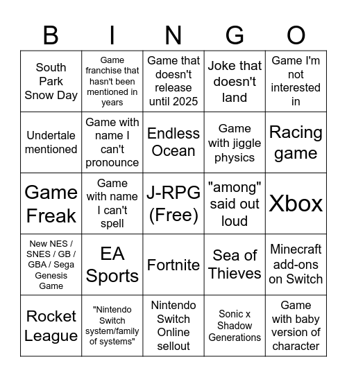 Nintendo Direct 2/21/24 Bingo Card