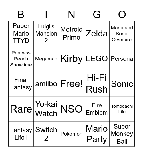 Nintendo Direct 2024 Bingo Card