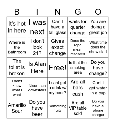 Bar Bingo Card