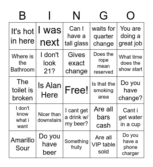 Bar Bingo Card
