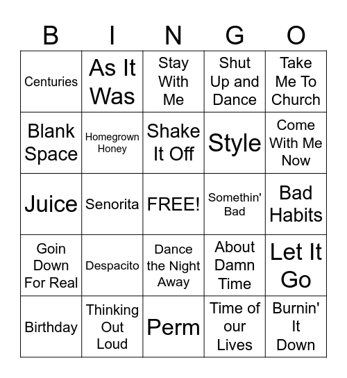 Today's Hits Bingo Card