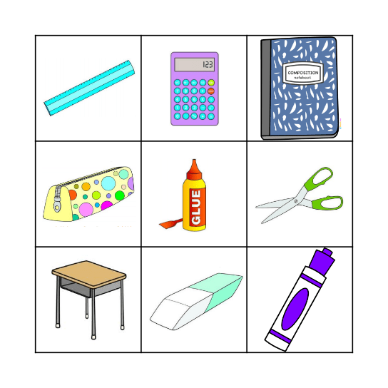 school supplies Bingo Card