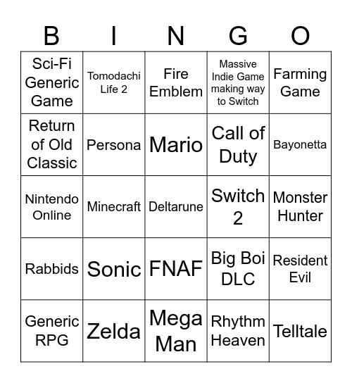 NINTENDO DIRECT Bingo Card