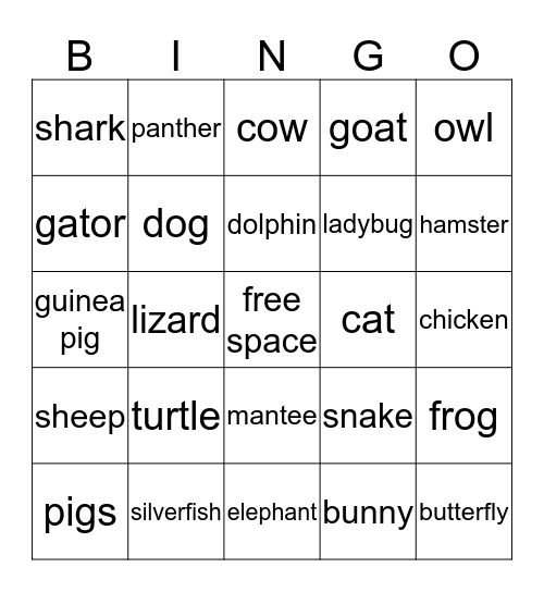 animals Bingo Card